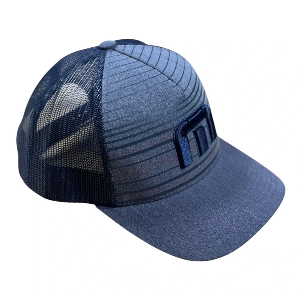 Travis Mathew Cap Navy Blue Gray‎ Snapback 5 Panel Golf Hat Mens EUC